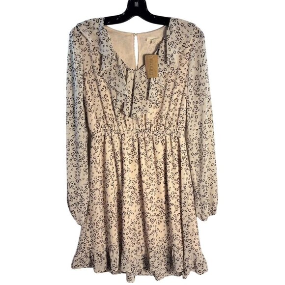 Mystree Dresses & Skirts - Leopard Print Long-Sleeve Ruffled Dress With Elastic Waist & Flounce Hem Size S